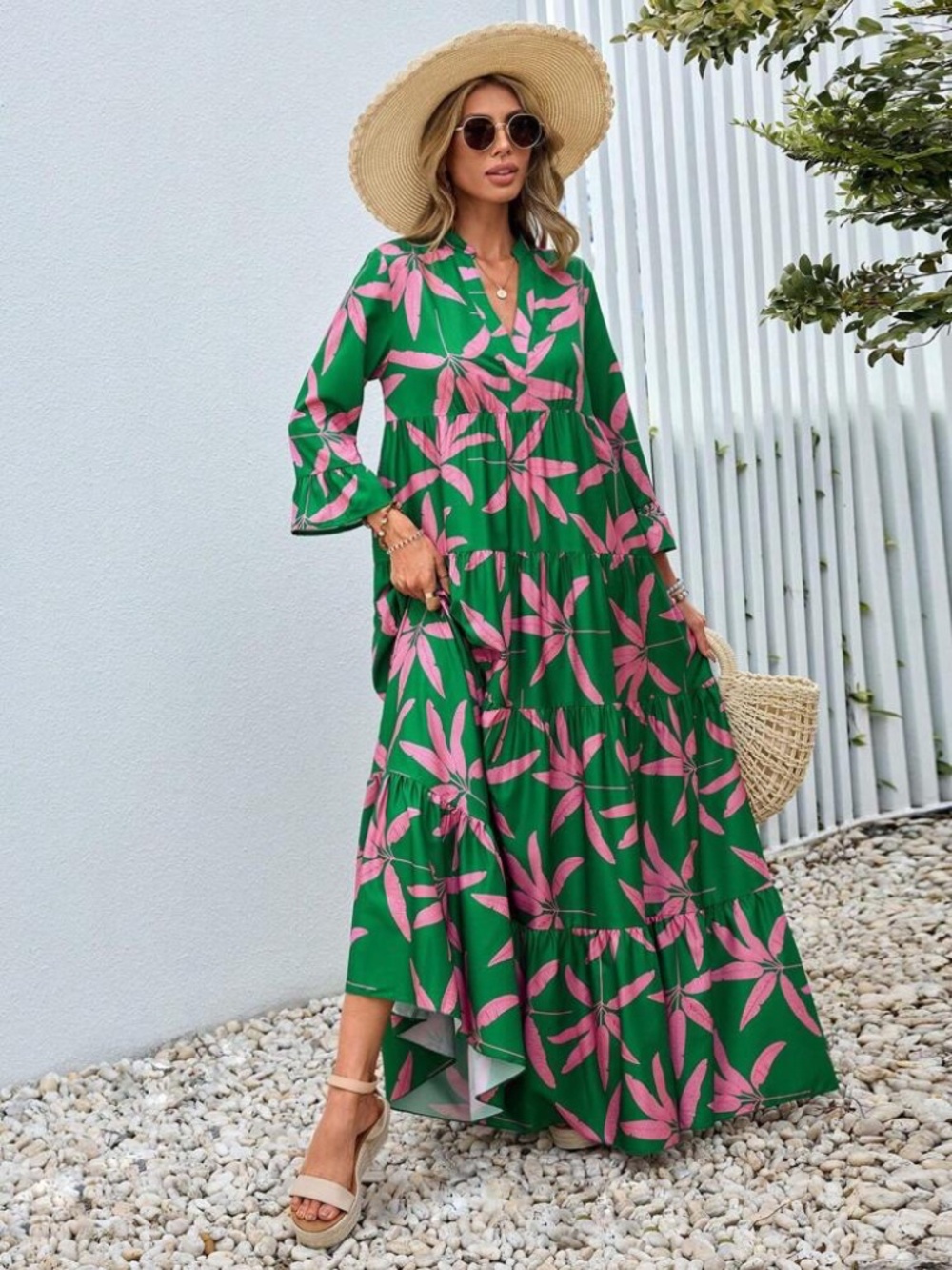 NWT SHEIN Green Maxi Dress with‎ Pink Floral Leaf Print Size Small US 4